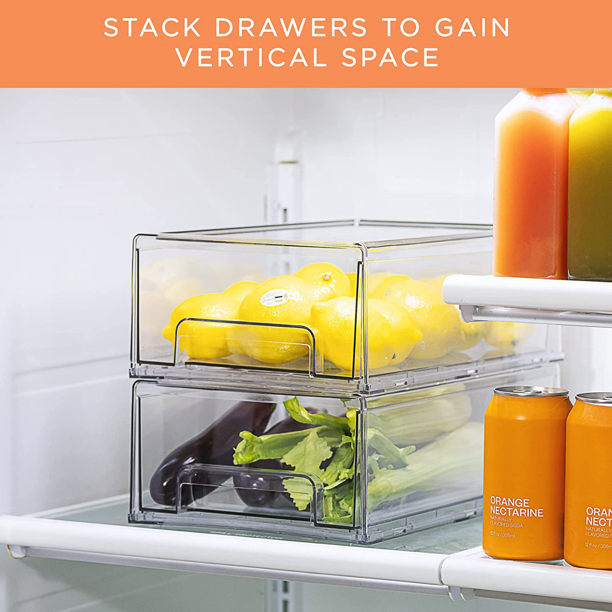 Sorbus Fridge Drawers - Clear Stackable Pull Out Organizer Bins - Food Storage Containers for Kitchen, Refrigerator, Freezer, Vanity Organization and Storage (4 Pack | Medium)